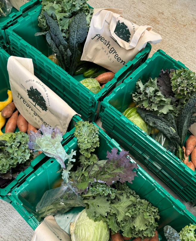 FreshGreens Market, four crates of fresh produce